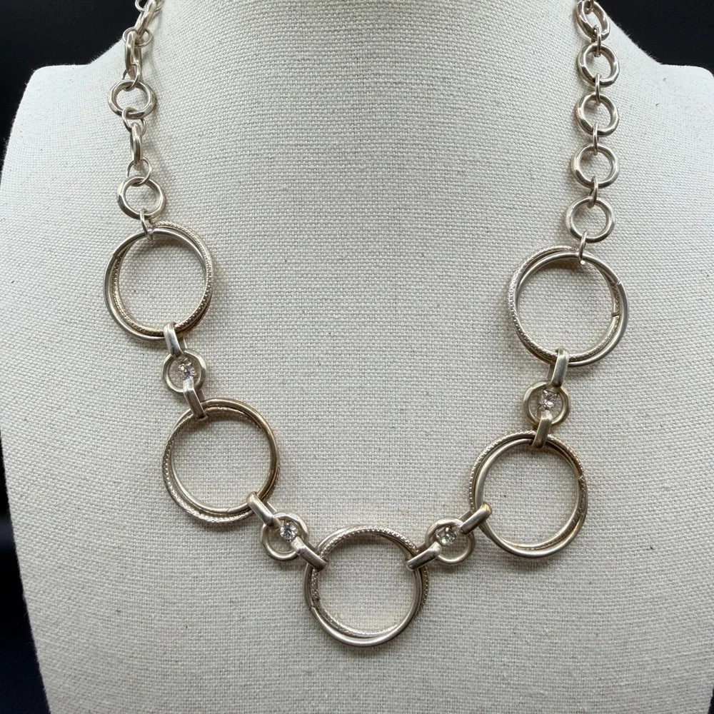 Silver Tone Circle Link Statement Necklace Rhinestone Accents Modern Geometric